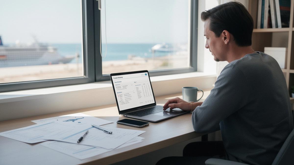 A person reviewing cruise itinerary notes on a laptop by the window